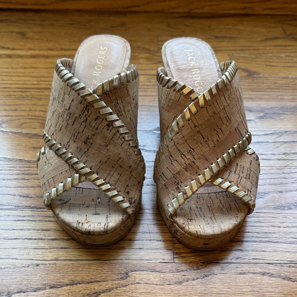 Jack Rogers Gold and Tan Cork Wedges